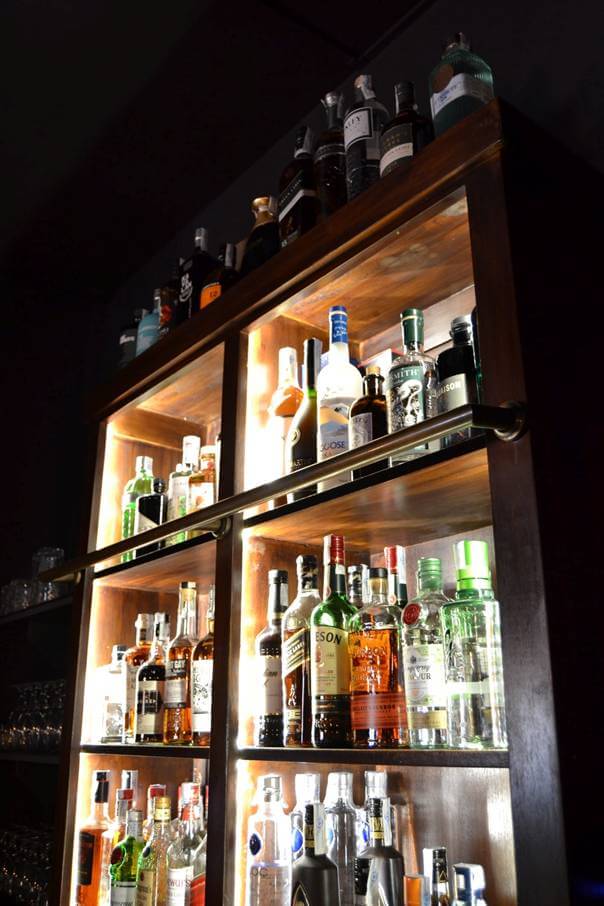 A bar shelf lit up